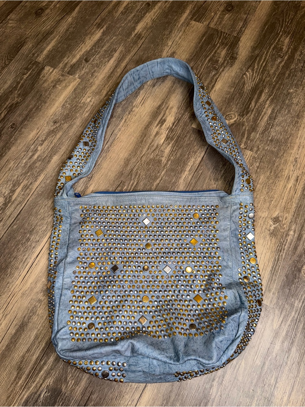 DOVIL Blue Studded Hobo Shoulder Bag Y2K Boho Western Rhinestone Oversized Purse